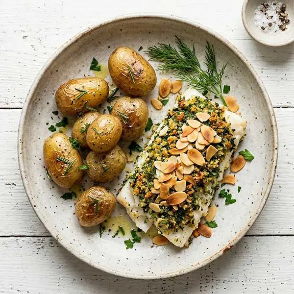 Herb-Crusted fish with Almond Flakes & New Potatoes